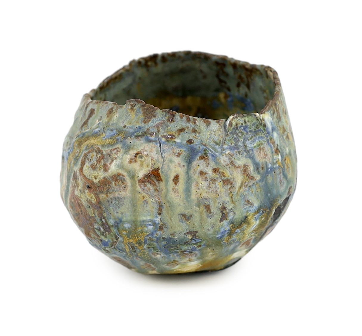 Ewen Henderson (1934-2000), a hand-built mixed laminated clay unomi cup, 10cm across 9cm high